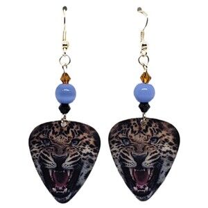 Leopard Cat Face on Guitar Pick Beaded Earrings - Handmade in USA Clearance Sale